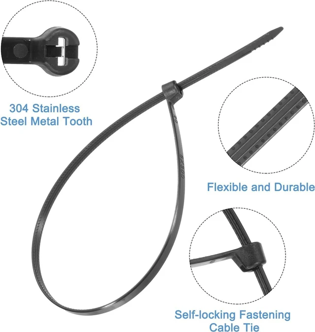 Alt view image 3 of 6 - MECCANIXITY 200Pcs Black Zip Ties 12 Inch, Cable Ties with Metal Tooth Stainless Steel Locking Device Nylon for Indoor Outdoor Garage