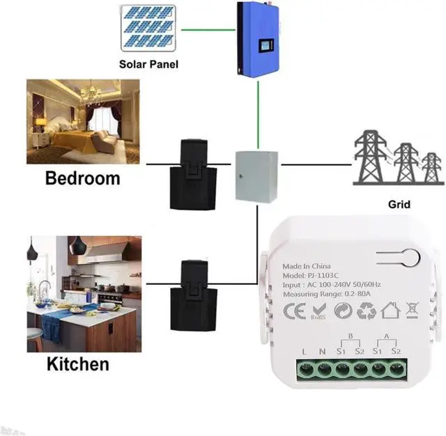 Alt view image 4 of 7 - WALFRONT Single Phase Smart Power Meter WiFi Energy Monitor with 80A Clamps Real Time Electricity Usage Tracking for Home Solar Panels Electrical Panel
