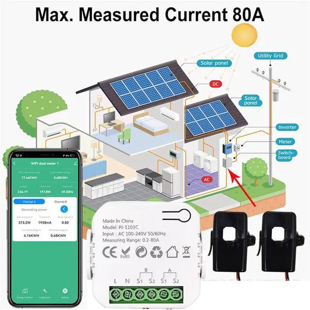 Alt view image 5 of 7 - WALFRONT Single Phase Smart Power Meter WiFi Energy Monitor with 80A Clamps Real Time Electricity Usage Tracking for Home Solar Panels Electrical Panel