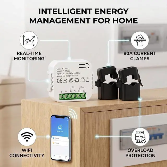 Alt view image 7 of 7 - WALFRONT Single Phase Smart Power Meter WiFi Energy Monitor with 80A Clamps Real Time Electricity Usage Tracking for Home Solar Panels Electrical Panel