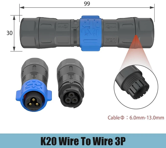 Alt view image 3 of 7 - AOHUA K20 3-Pin Waterproof Connector (3-Pack) - IP67 Junction Box Quick Plug Outdoor Industrial/Aviation Wire Connectors, Male/Female for Ø6.0-13.0mm Cables (AH-K20-2003MMZ/FFZ01222)