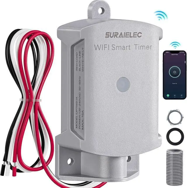 Main image of SURAIELEC 15 AMP WiFi Smart Timer Switch for Outdoor Electrical Boxes, 120V WiFi Pool Timer, for Waterproof Outlet Junction Box, Pool Light, Driveway Lighting, Security System, Holiday Decorations