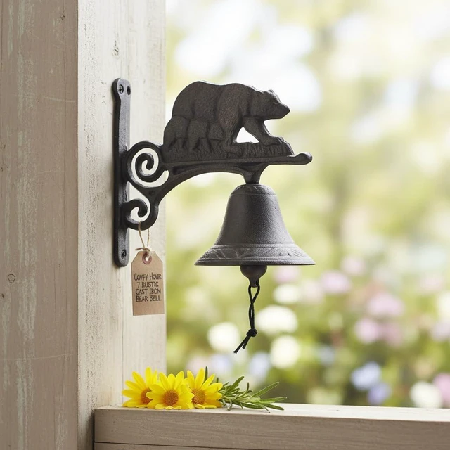 Alt view image 4 of 7 - Comfy Hour 7" Rustic Cast Iron Bear Bell, Wall Mounted Outdoor Dinner Bell for Farmhouse, Garden & Cabin, Vintage Antique Black Rustic Finish, Front Door Decor