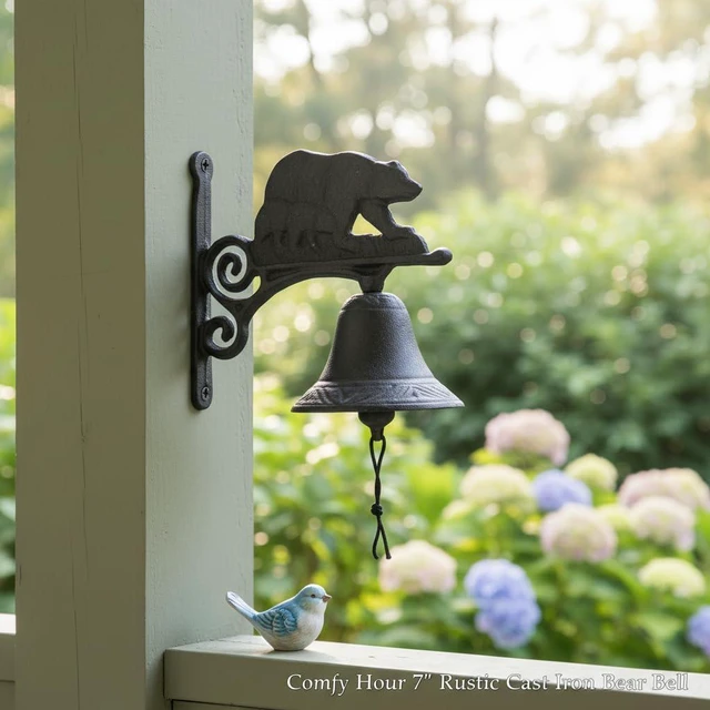 Alt view image 6 of 7 - Comfy Hour 7" Rustic Cast Iron Bear Bell, Wall Mounted Outdoor Dinner Bell for Farmhouse, Garden & Cabin, Vintage Antique Black Rustic Finish, Front Door Decor