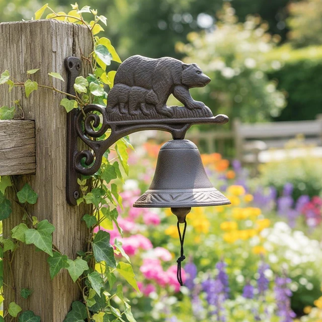 Alt view image 7 of 7 - Comfy Hour 7" Rustic Cast Iron Bear Bell, Wall Mounted Outdoor Dinner Bell for Farmhouse, Garden & Cabin, Vintage Antique Black Rustic Finish, Front Door Decor
