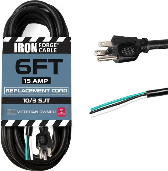 Main image of Iron Forge Cable 10 Gauge Power Cord Replacement - 6ft,15 Amp Black Heavy Duty Extension Cord, 10/3 SJT 3 Prong Electric Cable - 3 Wire for Appliances & Power Tools, NEMA 5-15P