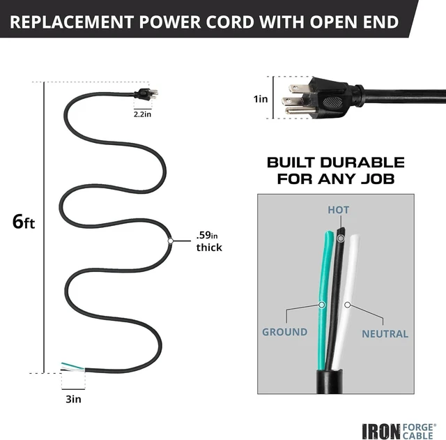 Alt view image 4 of 7 - Iron Forge Cable 10 Gauge Power Cord Replacement - 6ft,15 Amp Black Heavy Duty Extension Cord, 10/3 SJT 3 Prong Electric Cable - 3 Wire for Appliances & Power Tools, NEMA 5-15P