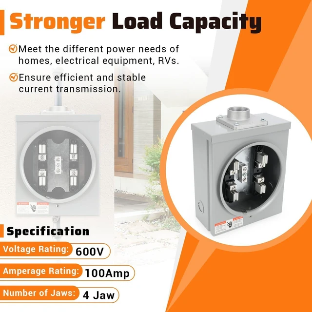 Alt view image 5 of 7 - 100 Amp Meter Socket, 4 Jaw Meter Base, Electrical Panel Component