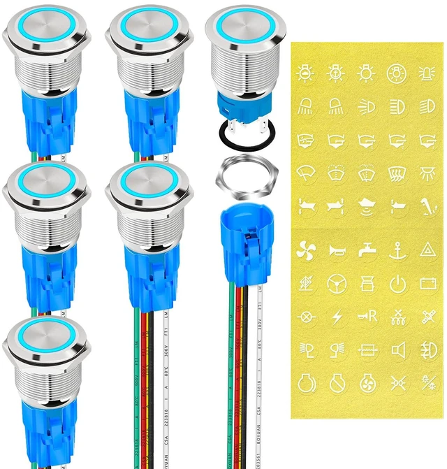Main image of DaierTek 12V Latching Push Button Switch Marine Waterproof Round Blue LED Pushbutton Switch 19mm 12 Volt DC Ring Illuminated Metal ON Off with Label Sticker for Boat Car -6pcs