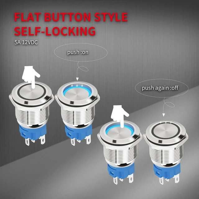Alt view image 5 of 6 - DaierTek 12V Latching Push Button Switch Marine Waterproof Round Blue LED Pushbutton Switch 19mm 12 Volt DC Ring Illuminated Metal ON Off with Label Sticker for Boat Car -6pcs