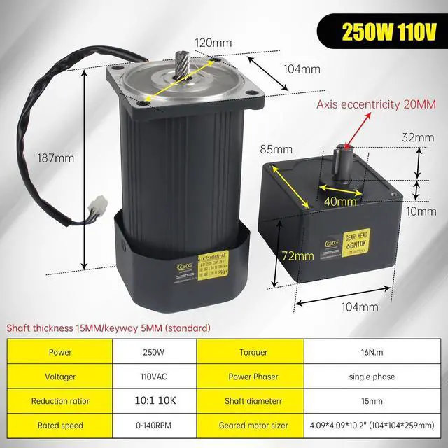 Alt view image 3 of 7 - CNCTOPBAOS 250W 110V AC Adjustable Variable Gear Reducer Motor,10K 0-140RPM Speed Governor Controller,16N.m High Torque CW/CCW Geared Reduction Ratio 10:1 Speed Control Electric Gear Motor 15mm Shaft