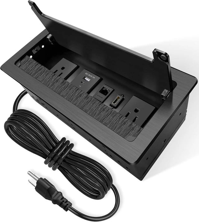 Main image of Conference Table Power Hub with 9.8FT Power Cord, Table Top Box with 2 AC Power+2 USB-A Charger+1 HDMI+1 RJ45(CAT6)+1 USB-C Data +1 Audio, Tabletop Multimedia Connectivity Box for Conference Room