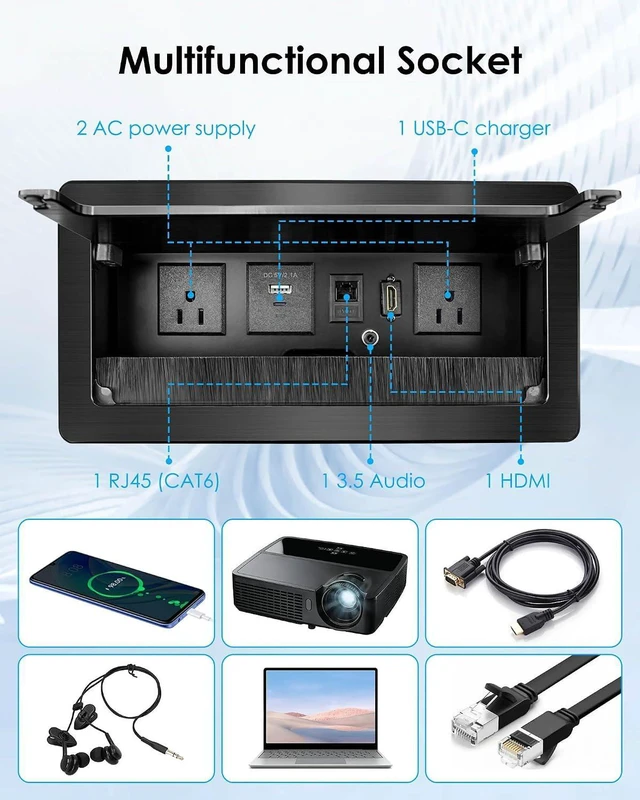 Alt view image 2 of 7 - Conference Table Power Hub with 9.8FT Power Cord, Table Top Box with 2 AC Power+2 USB-A Charger+1 HDMI+1 RJ45(CAT6)+1 USB-C Data +1 Audio, Tabletop Multimedia Connectivity Box for Conference Room