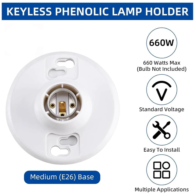 Alt view image 4 of 6 - 12-Pack E26 Medium Base Lamp Holder, Ceiling Light Socket 660W 250V, Phenolic Resin White Bulb Socket for Incandescent LED CFL Halogen Bulbs