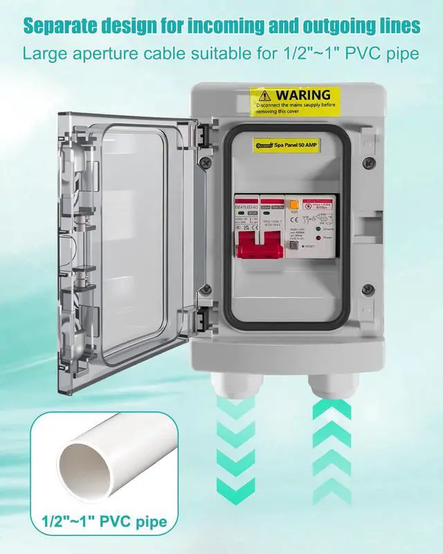 Alt view image 3 of 6 - SPA Panel Disconnect GFCI Switch, 50A Circuit Breaker Box with Surge Protection, IP66 Weatherproof Circuit Breaker Disconnect GFCI Switch for Hot Tub, Swimming Pools 120/240V