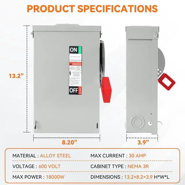 Alt view image 2 of 7 - 30 Amp Disconnect Switch, Fusible, 3 Pole 600 Volt, with Interlock Mechanism, Anti Corrosion and Rust Prevention, NEMA 3R Enclosure for Indoor&Outdoor, 10-Year Warrnaty, 30 Amp Disconnect Box