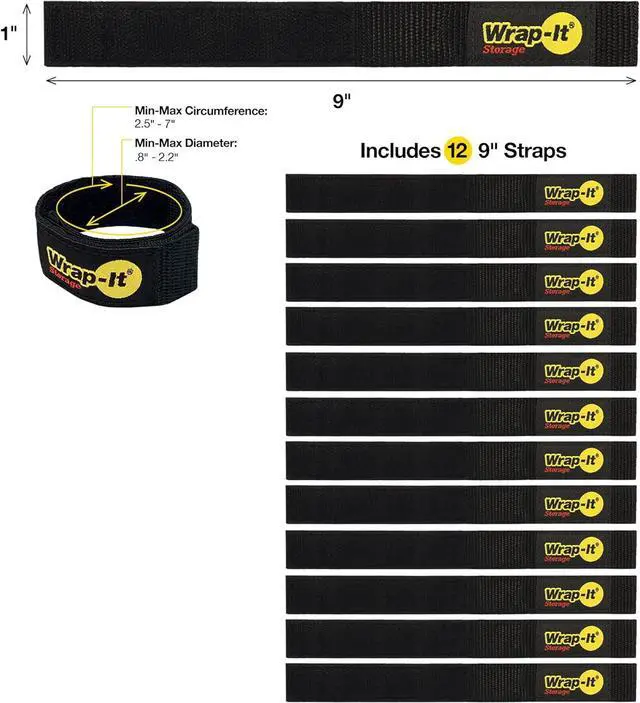 Alt view image 3 of 7 - Quick-Straps by Wrap-It Storage 9 (12-Pack) Black - Hook and Loop Straps for Hose and Cord Storage and Organization