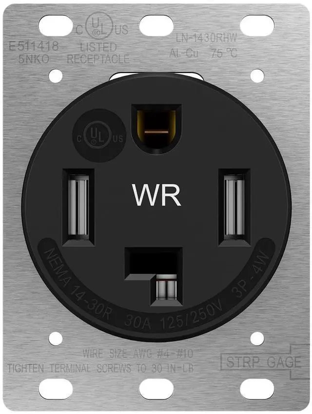 Main image of LIDER 30 Amp Flush Dryer Receptacle, NEMA 14-30R, 125/250V, Heavy-Duty Weather Resistant Outlet, EV Grade, Outdoor/Indoor, 2.40" Diameter, Self-Grounding, 3-Pole 4-Wire, UL Listed, Nylon, Matte Black