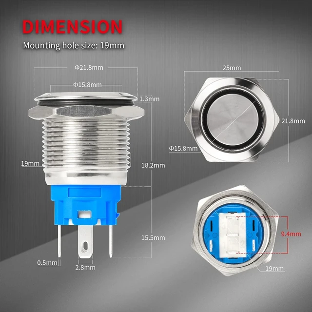 Alt view image 2 of 6 - DaierTek 12V Latching Push Button Switch Marine Waterproof Round Blue LED Pushbutton Switch 19mm 12 Volt DC Ring Illuminated Metal ON Off with Label Sticker for Boat Car -6pcs