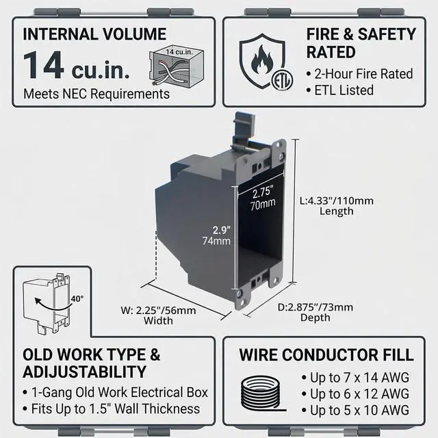 Alt view image 2 of 7 - Old WorkElectrical Outlet Box,Single Gang, 14 Cubic Inch Plastic Junction Box for Switches,for Home Improvement, ETL Listed and Fire Rated for 2 Hours(12 PCS)