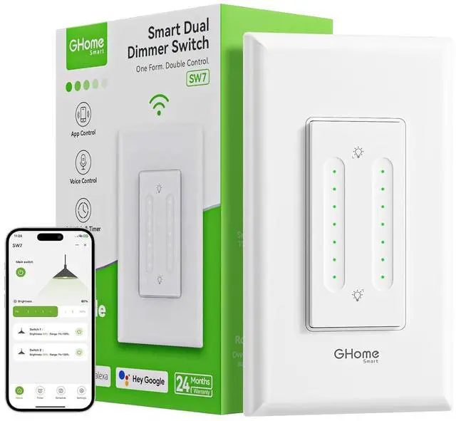 Main image of GHome Smart Dual Dimmer Light Switch, 2 in 1 Single Pole Smart Dimmer Switch Works with Alexa & Google Home, WiFi 2.4Ghz, Stepless Dimming, Voice Control, Remote Control, Schedule & Timer, FCC Listed