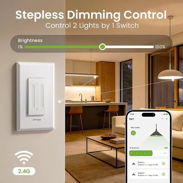 Alt view image 3 of 7 - GHome Smart Dual Dimmer Light Switch, 2 in 1 Single Pole Smart Dimmer Switch Works with Alexa & Google Home, WiFi 2.4Ghz, Stepless Dimming, Voice Control, Remote Control, Schedule & Timer, FCC Listed