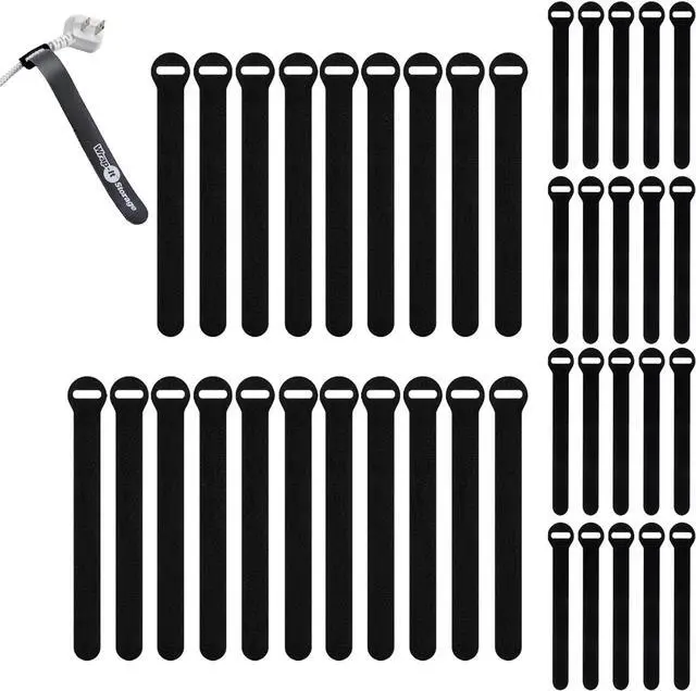 Main image of Self-Gripping Cable Ties by Wrap-It Storage, Black, 40 Pack (5 Inch and 8 Inch Straps) Reusable Hook and Loop Cord Organizer Cable Ties for Cord Management and Desk or Office Organization