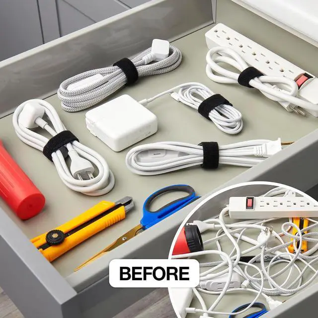 Alt view image 6 of 7 - Self-Gripping Cable Ties by Wrap-It Storage, Black, 40 Pack (5 Inch and 8 Inch Straps) Reusable Hook and Loop Cord Organizer Cable Ties for Cord Management and Desk or Office Organization