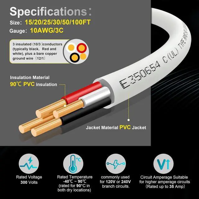 Alt view image 3 of 7 - NMD90 Electrical Wire, 10/3, Non-Metallic Sheathed Cable for Indoor Electric Wiring, Residential and Commercial Buildings Wiring, Electric Wire 10 AWG 3 Conductors, 15FT, CUL Certification