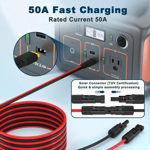 Alt view image 4 of 7 - 10AWG Cable Solar Connector to XT60 Female Adapter Solar Panel Charge Extension Cable (30FT)