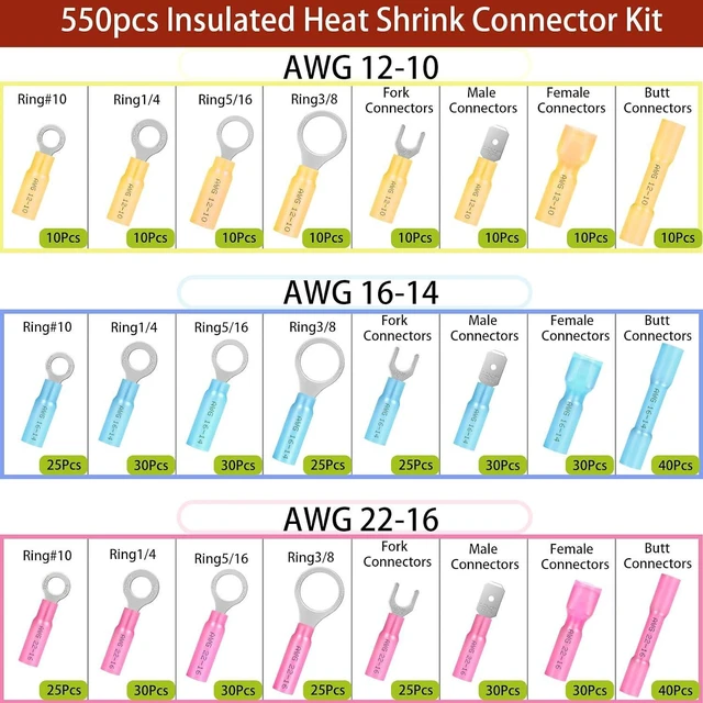 Alt view image 2 of 7 - 550Pcs Waterproof Heat Shrink Wire Connectors Kit, Automotive Electrical Connector Terminals Kit, Butt Fork Ring and Spade Crimp Connectors Assortment (22-10AWG)