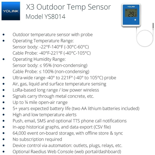 Alt view image 2 of 7 - YoLink Smart X3 Version Outdoor Temperature Data Logger with Probe, Thermometer, 1/4 Mile Range, 5+ Years Battery Life, Emails, Text, App Alerts, Alexa, IFTTT. Pool, Hot Tub, Fish Tank. Hub Required!