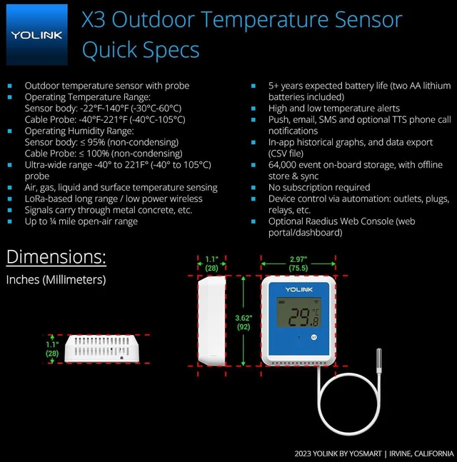 Alt view image 3 of 7 - YoLink Smart X3 Version Outdoor Temperature Data Logger with Probe, Thermometer, 1/4 Mile Range, 5+ Years Battery Life, Emails, Text, App Alerts, Alexa, IFTTT. Pool, Hot Tub, Fish Tank. Hub Required!