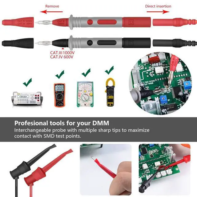 Alt view image 4 of 7 - Multimeter Test Lead Kits, Replaceable Digital Multimeter Accessories, Electronic Professional Test Lead Probe Alligator Clips