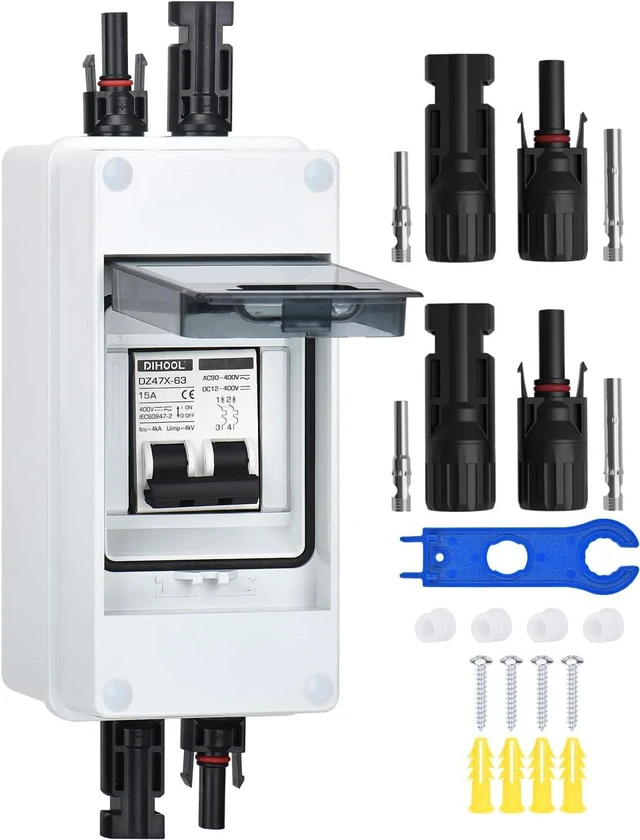 Main image of DIHOOL 15 Amp Solar DC Disconnect Switch, Outdoor Breaker Box, DC Miniature Circuit Breaker