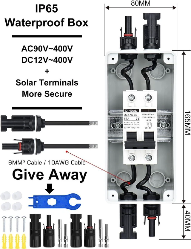 Alt view image 4 of 7 - DIHOOL 15 Amp Solar DC Disconnect Switch, Outdoor Breaker Box, DC Miniature Circuit Breaker