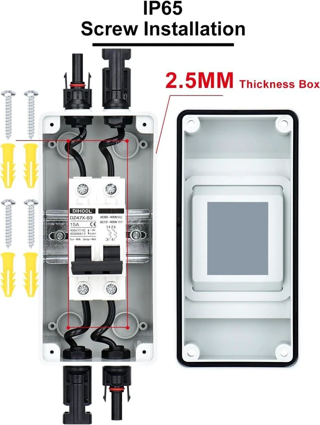 Alt view image 6 of 7 - DIHOOL 15 Amp Solar DC Disconnect Switch, Outdoor Breaker Box, DC Miniature Circuit Breaker