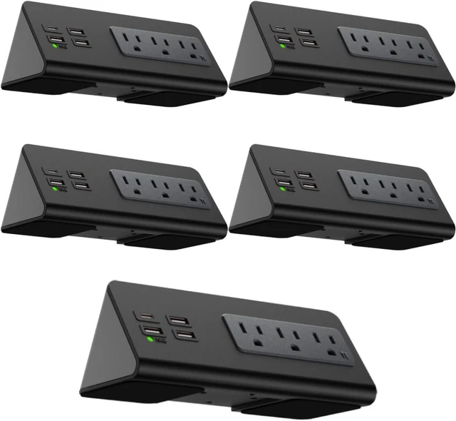 Main image of Kable Kontrol Desk Clamp Power Strip with USB-C Port, Nightstand Charging Station, 3 AC Outlets, 3 USB-A Ports, Fast Charger, Easy Installation for Home, Offices, Hotels 4.9 Ft, Black, 5 Pcs