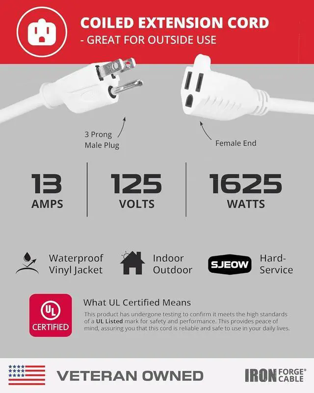 Alt view image 2 of 6 - Iron Forge Cable 25ft White Coiled Outdoor Extension Cord - 16/3 SJEOW Oil Resistant & Flame Retardant 3 Prong 13 Amp Power Cord for Indoor or Outdoor Use, 5 ft Coiled Length, 22 ft Fully Extended