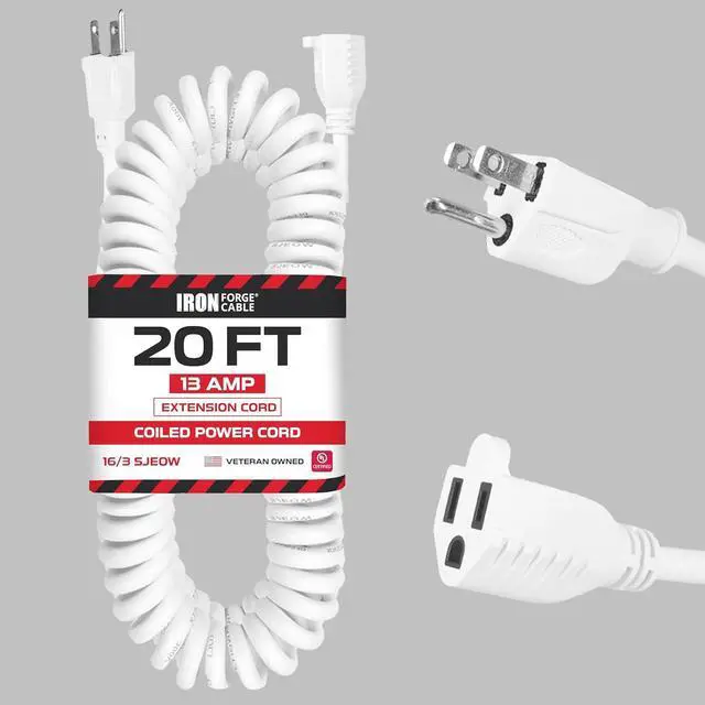 Main image of Iron Forge Cable 25ft White Coiled Outdoor Extension Cord - 16/3 SJEOW Oil Resistant & Flame Retardant 3 Prong 13 Amp Power Cord for Indoor or Outdoor Use, 5 ft Coiled Length, 22 ft Fully Extended