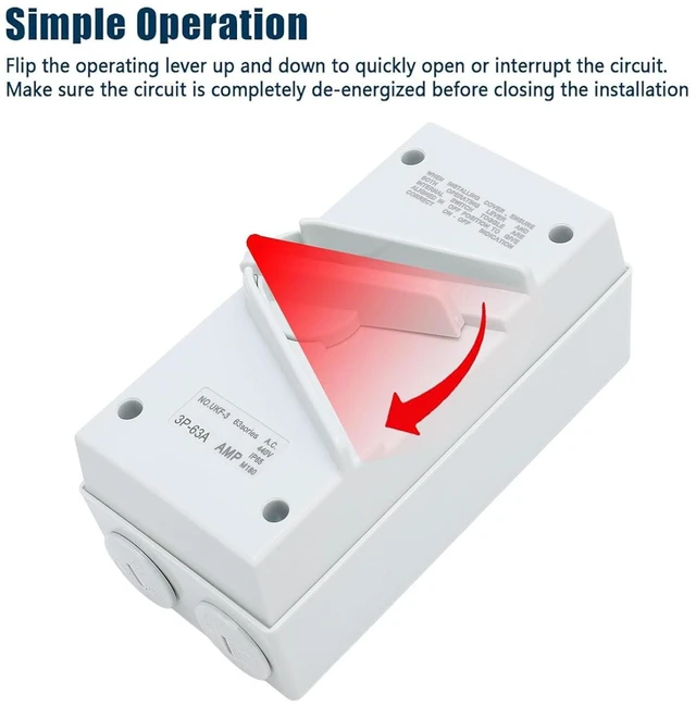 Alt view image 2 of 7 - Fockety Enclosed Motor Disconnect Switch, AC440V 63A 3Pole IP65 Water Proof Disconnect Breaker Box, Safety Switches Enclosed Motor Circuit Breaker for Generator Boat Welding