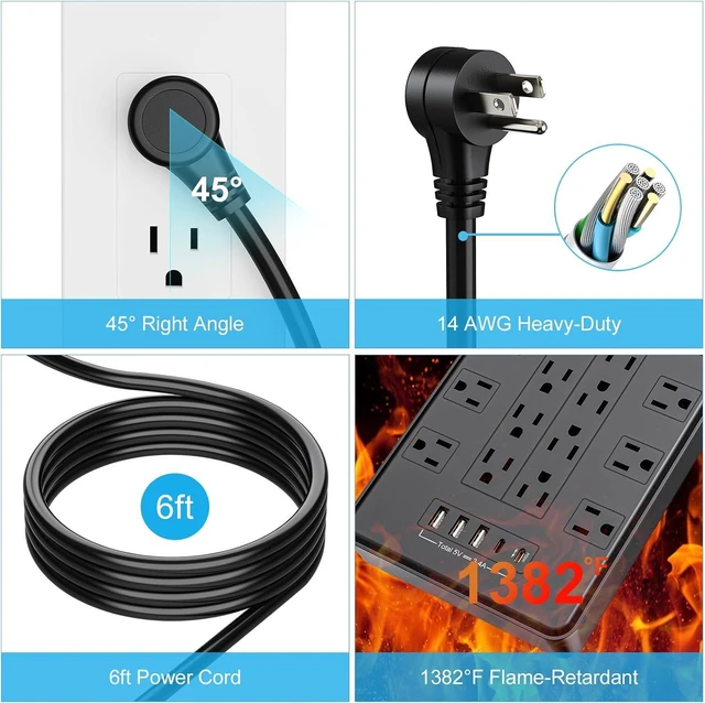 Alt view image 4 of 7 - HITRENDS Power Strip with USB C, Surge Protector Power Strip with 22 Outlet & 3 USB A Ports & 2 USB C Port, 1875W/15A Multiplug with Flat Plug, 6 Ft Extension Cord for Home Office