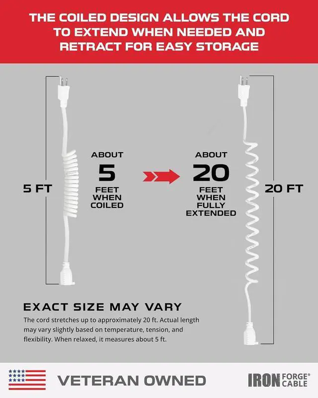 Alt view image 3 of 6 - Iron Forge Cable 25ft White Coiled Outdoor Extension Cord - 16/3 SJEOW Oil Resistant & Flame Retardant 3 Prong 13 Amp Power Cord for Indoor or Outdoor Use, 5 ft Coiled Length, 22 ft Fully Extended