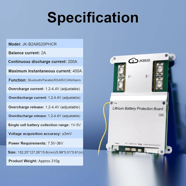 Alt view image 2 of 7 - JKBMS Smart BMS with Heating, CAN, RS485, 4S-8S 12V-24V 200A 2A Active Balance with Bluetooth Battery Protection Board for LiFePO4, Li-ion, LTO Battery Pack (JK-B2A8S-20PHCR)