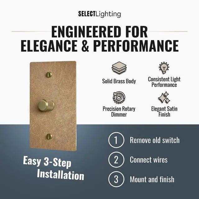 Alt view image 2 of 7 - Select Vintage Brass Dimmer Light Switch, 1 Way Rotary Dimmer, 1 Gang TRIAC/Leading Edge Dimmable LED Light Switch, 15A 120V AC with Brass Knob, Faceplate & Dimming Module, UL Listed
