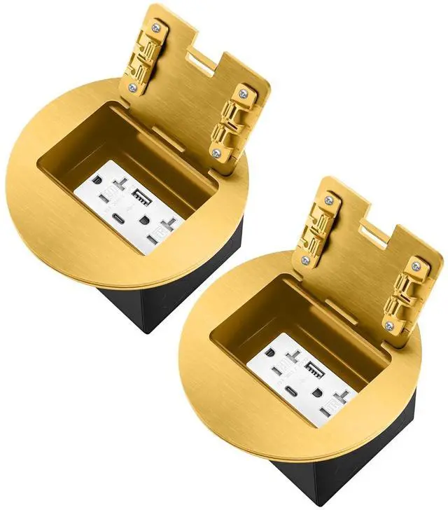Main image of Floor Outlet Recessed Floor Outlet Box Fast Charging 4.8A USB A+Type C Port 20 Amp Receptacle Kit - 2 Pack (Gold)