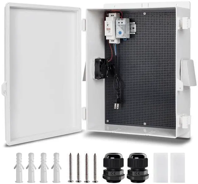 Main image of Namunanee Outdoor Electrical Box with Thermostat and Fan, ABS Water Resistant Enclosure with Internal Mounting Panel & Hinged Cover,16" H* 12" L* 5.9" W Plug & Play.