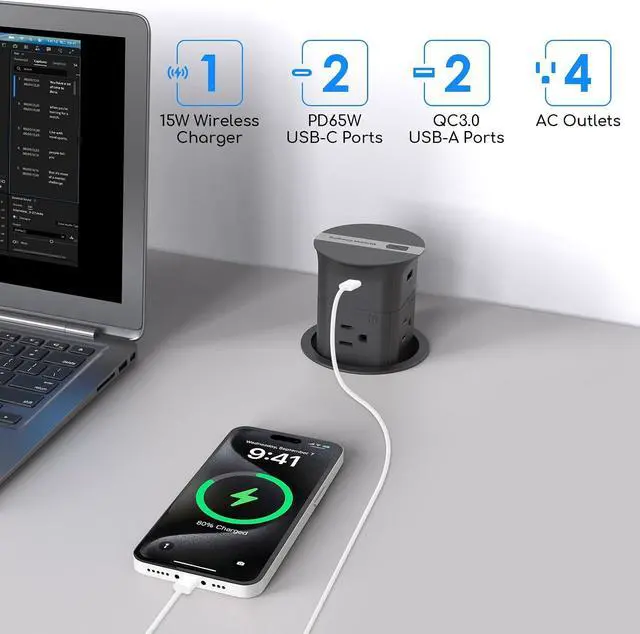 Alt view image 2 of 7 - ANNQUAN 3.15" Pop Up Countertop Outlet with 15W Wireless Charger,Max 65W Power Delivery,Pop Up Electrical Outlet with 4 Outlets 4 USB Ports