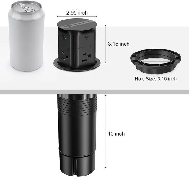 Alt view image 6 of 7 - ANNQUAN 3.15" Pop Up Countertop Outlet with 15W Wireless Charger,Max 65W Power Delivery,Pop Up Electrical Outlet with 4 Outlets 4 USB Ports