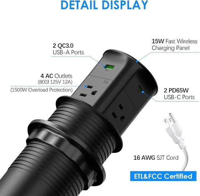 Alt view image 7 of 7 - ANNQUAN 3.15" Pop Up Countertop Outlet with 15W Wireless Charger,Max 65W Power Delivery,Pop Up Electrical Outlet with 4 Outlets 4 USB Ports